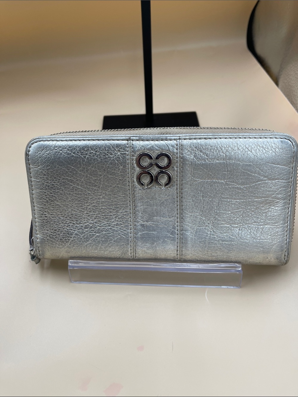 Coach Silver Leather Zip-Around Wallet with Logo Emblem